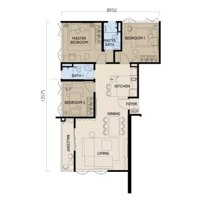 Residensi 38 Bangsar Type B 1,045 sq ft floor plan