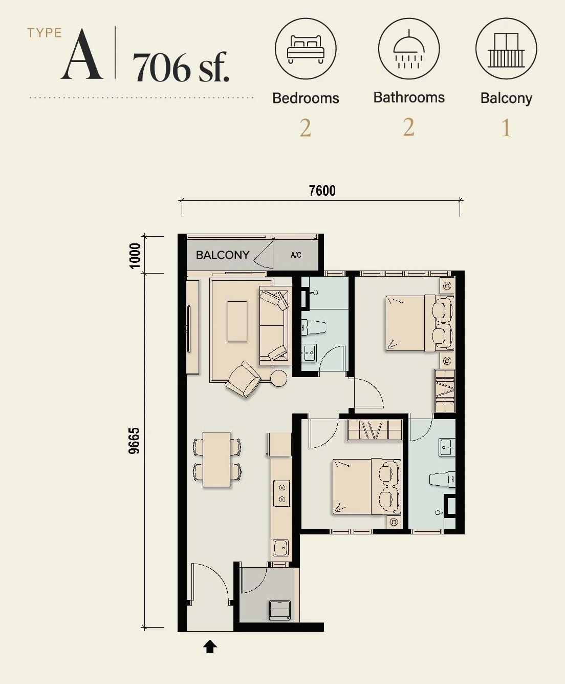 M Aspira Type A 706 sq ft floor plan