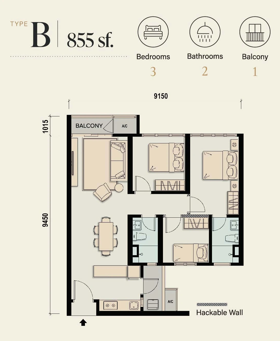 M Aspira Type B 855 sq ft floor plan