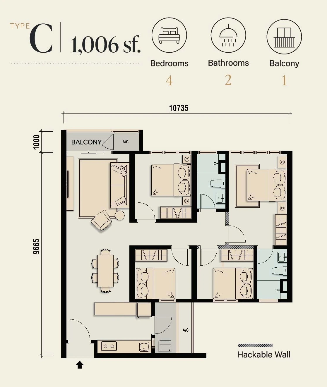 M Aspira Type C 1,006 sq ft floor plan
