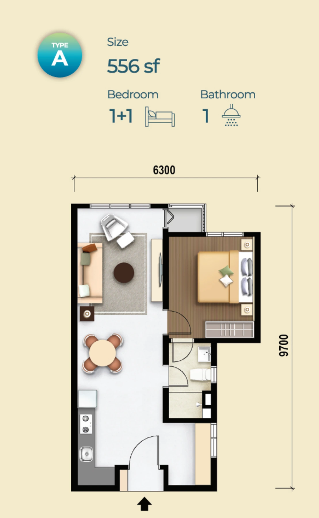 M Aurora Type A 556 sq ft floor plan