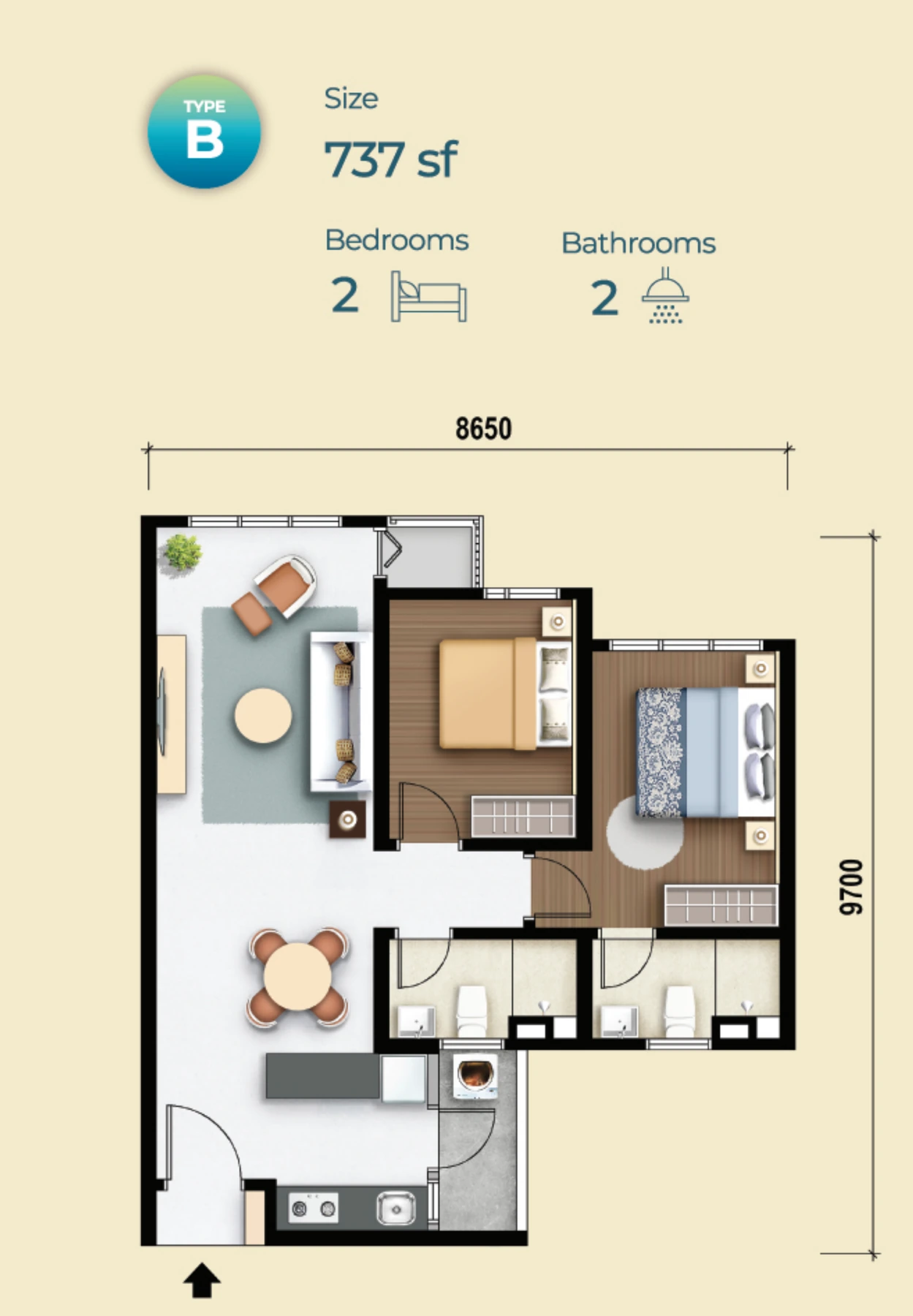 M Aurora Type B 737 sq ft floor plan