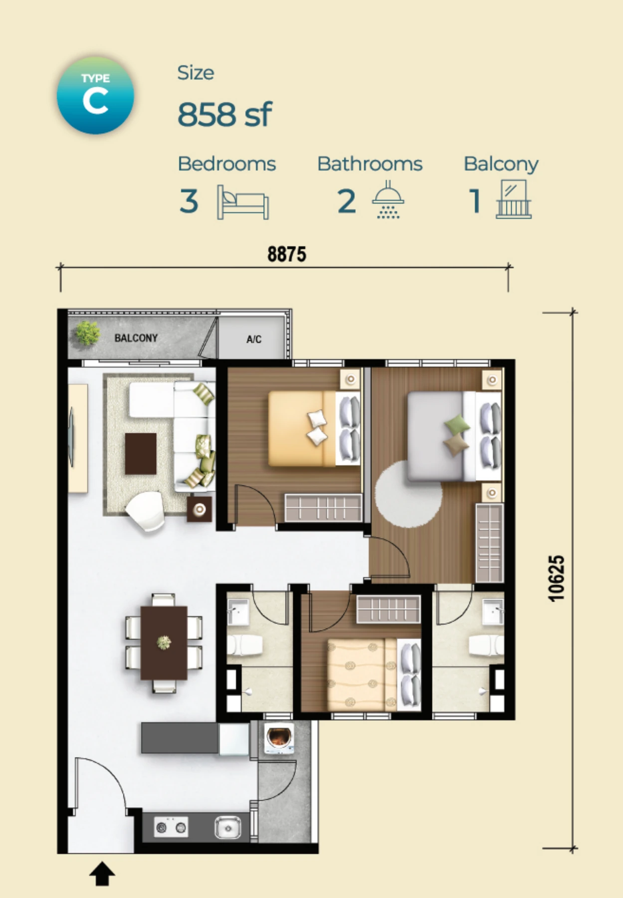 M Aurora Type C 858 sq ft floor plan