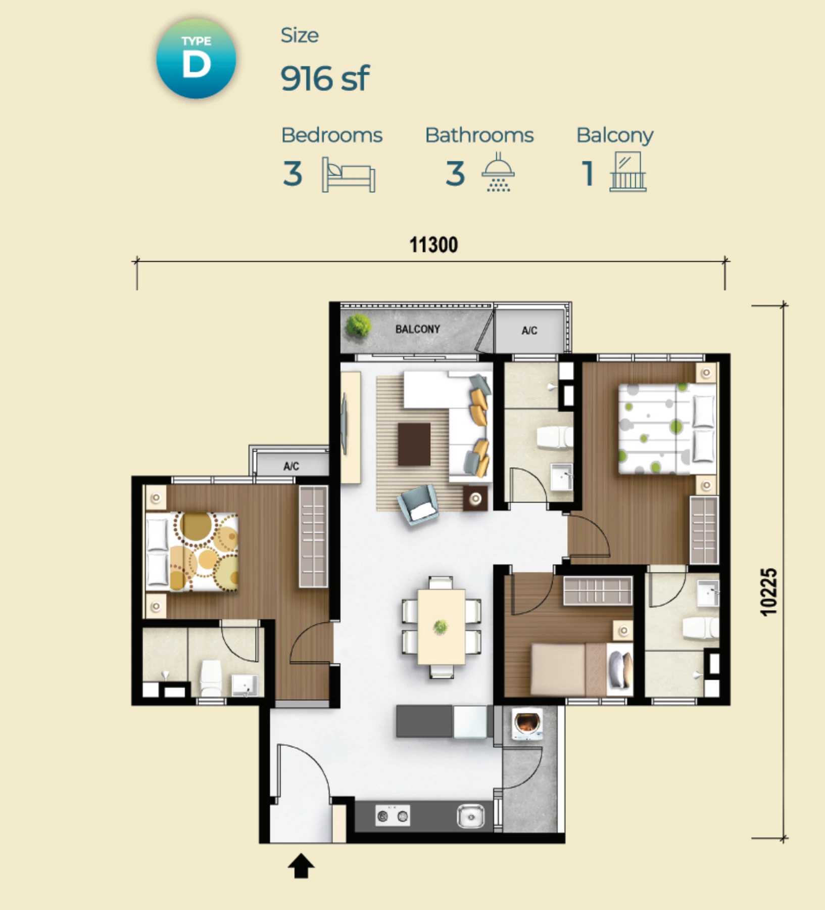 M Aurora Type D 916 sq ft floor plan