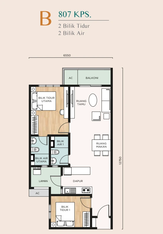 Nara at Shorea Park Type B 807 sq ft floor plan