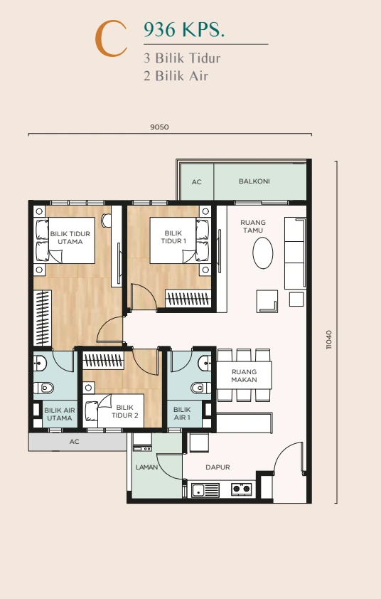 Nara at Shorea Park Type C 936 sq ft floor plan