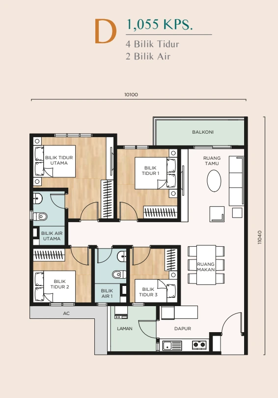 Nara at Shorea Park Type D 1,055 sq ft floor plan