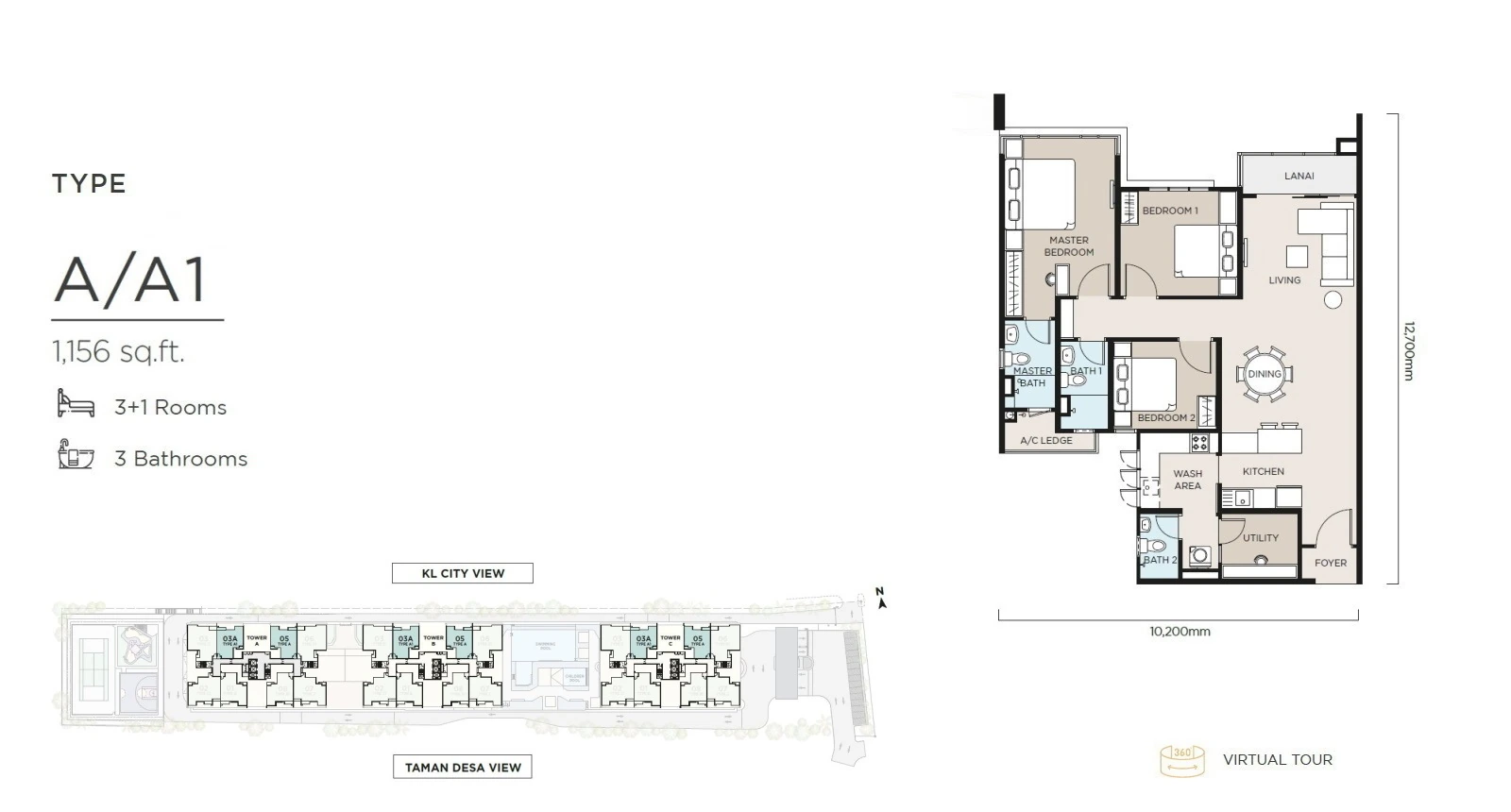 The Atas Type A / A1 1,156 sq ft floor plan