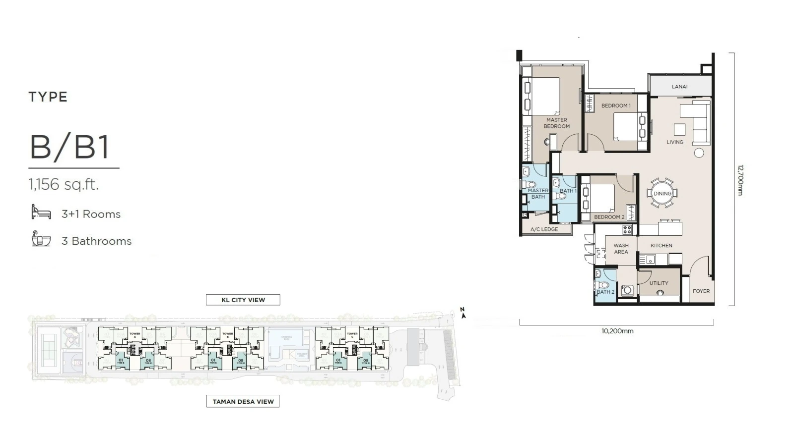 The Atas Type B / B1 1,156 sq ft floor plan