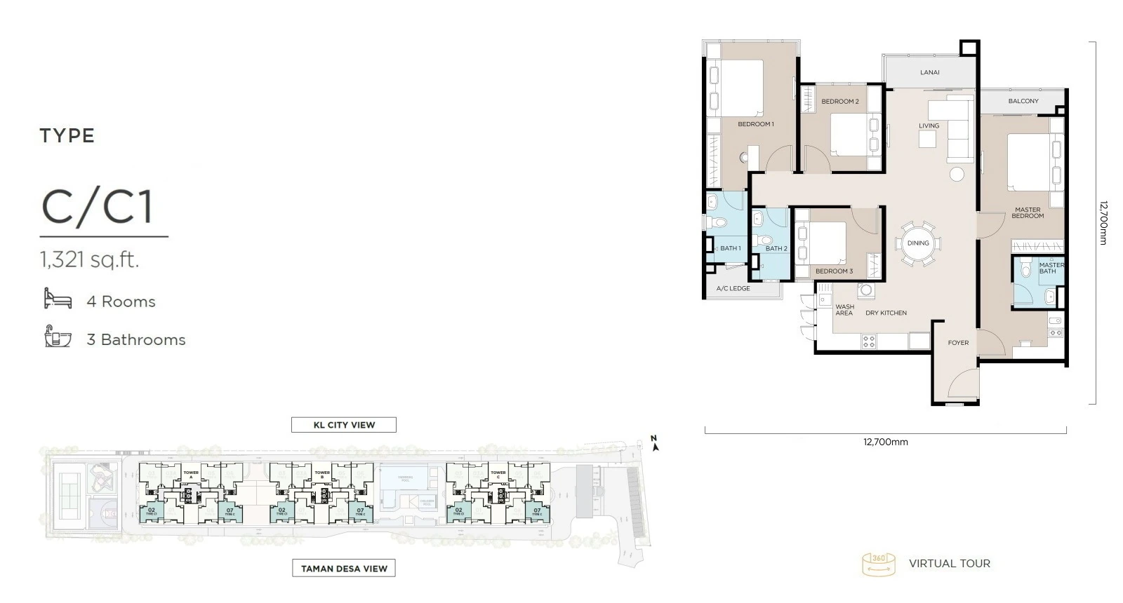 The Atas Type C / C1 1,321 sq ft floor plan