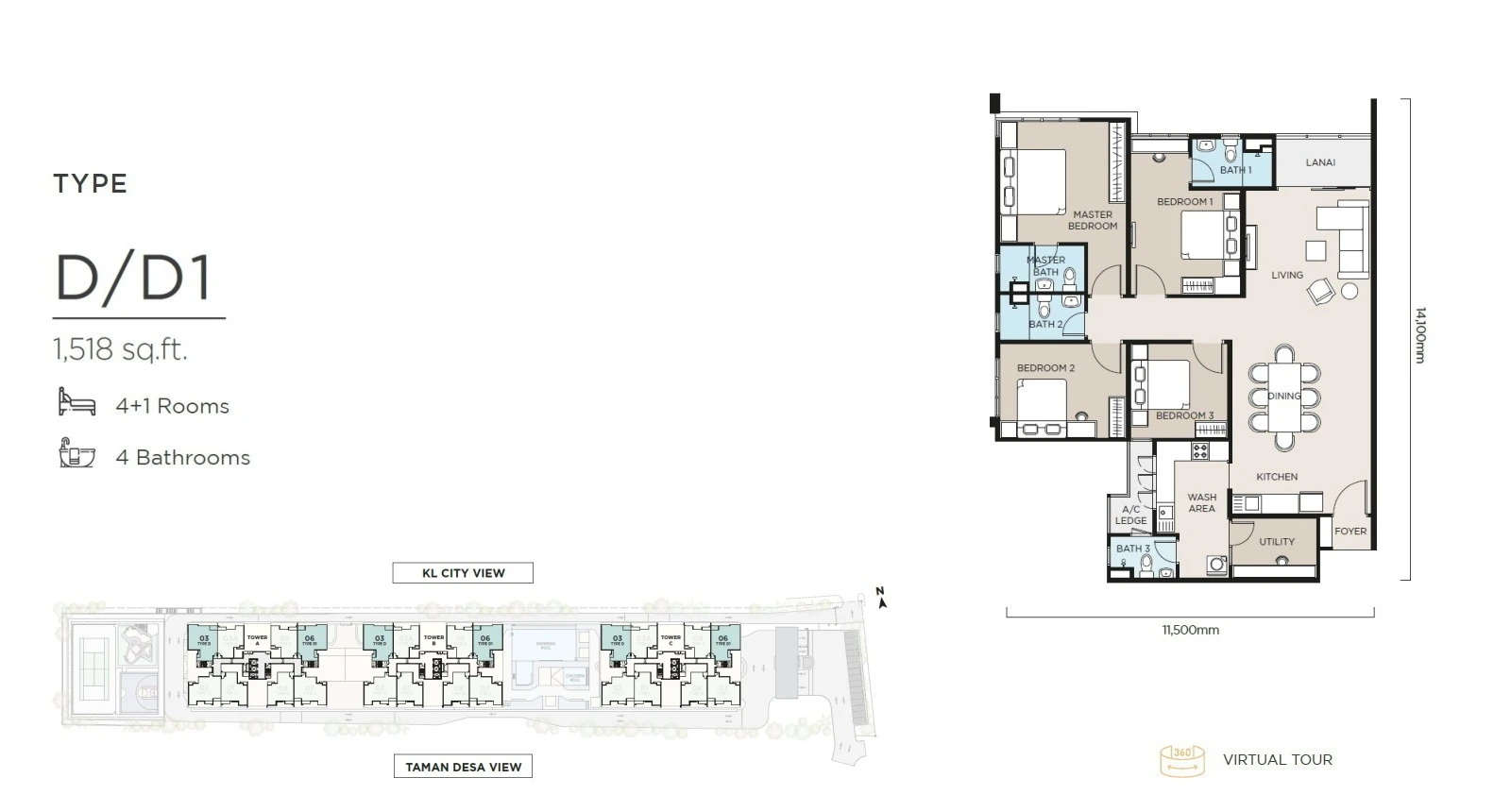The Atas Type D / D1 1,518 sq ft floor plan