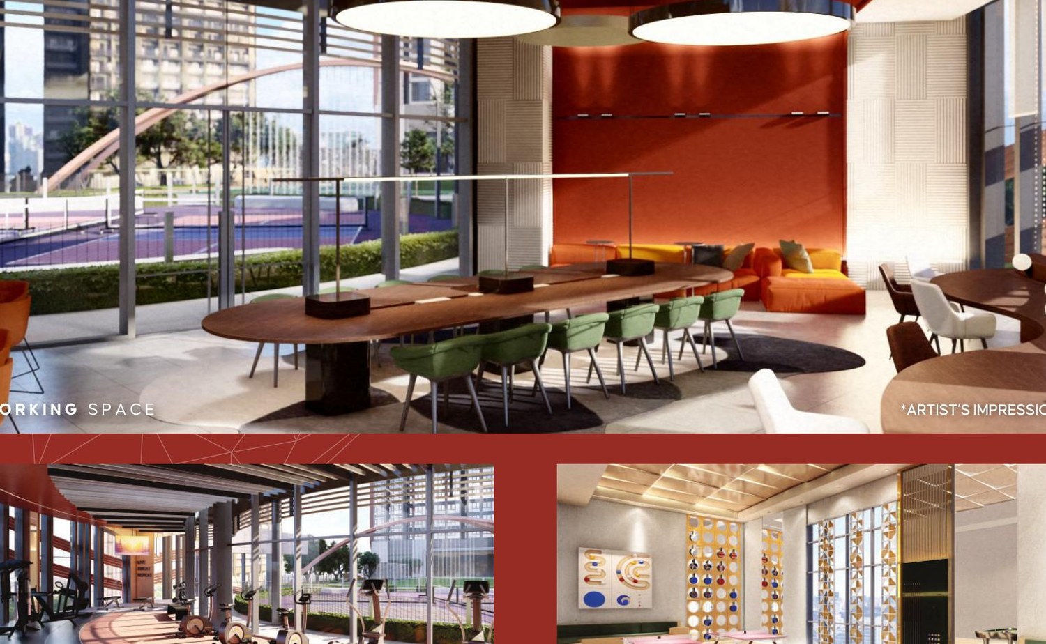 Gym, dining and coworking spaces