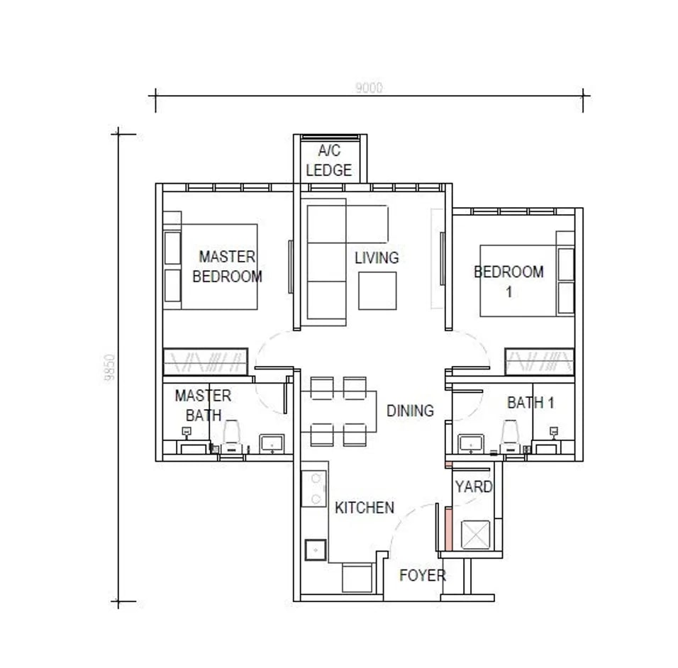 D’Evia Type A 657 sq ft two-room floor plan