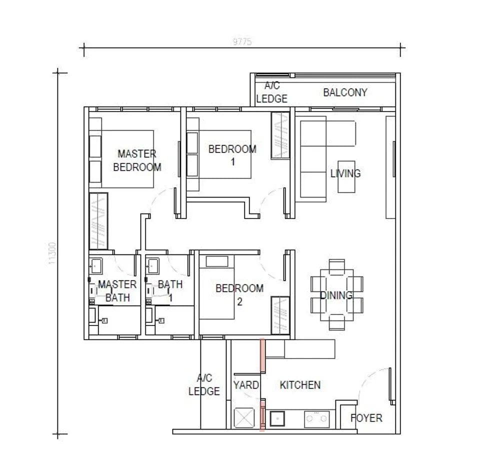 D’Evia Type B 958 sq ft three-room butterfly floor plan