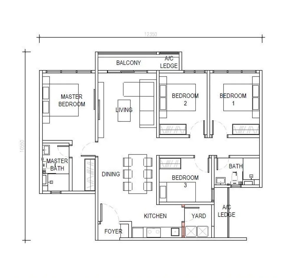 D’Evia Type C 1109 sq ft four-room floor plan