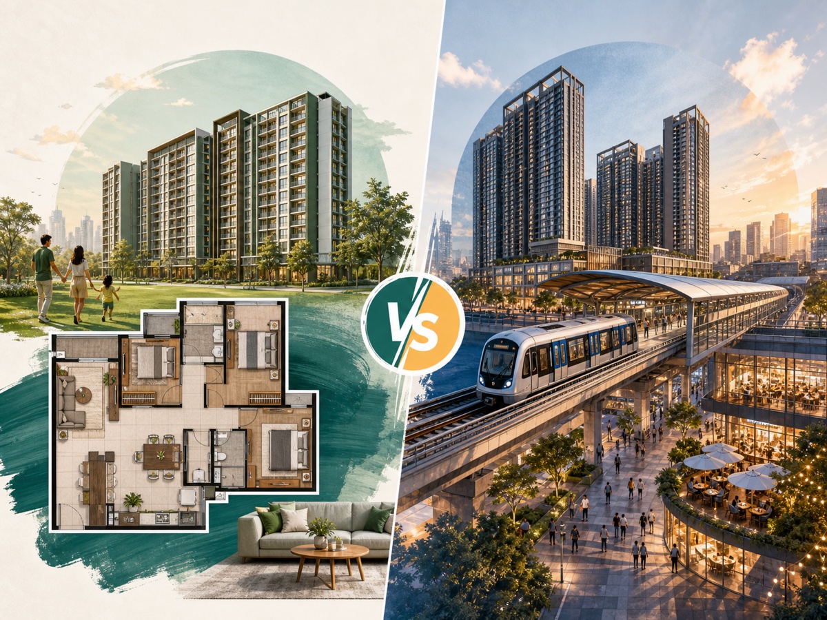 Editorial illustration comparing space value and MRT-connected township living