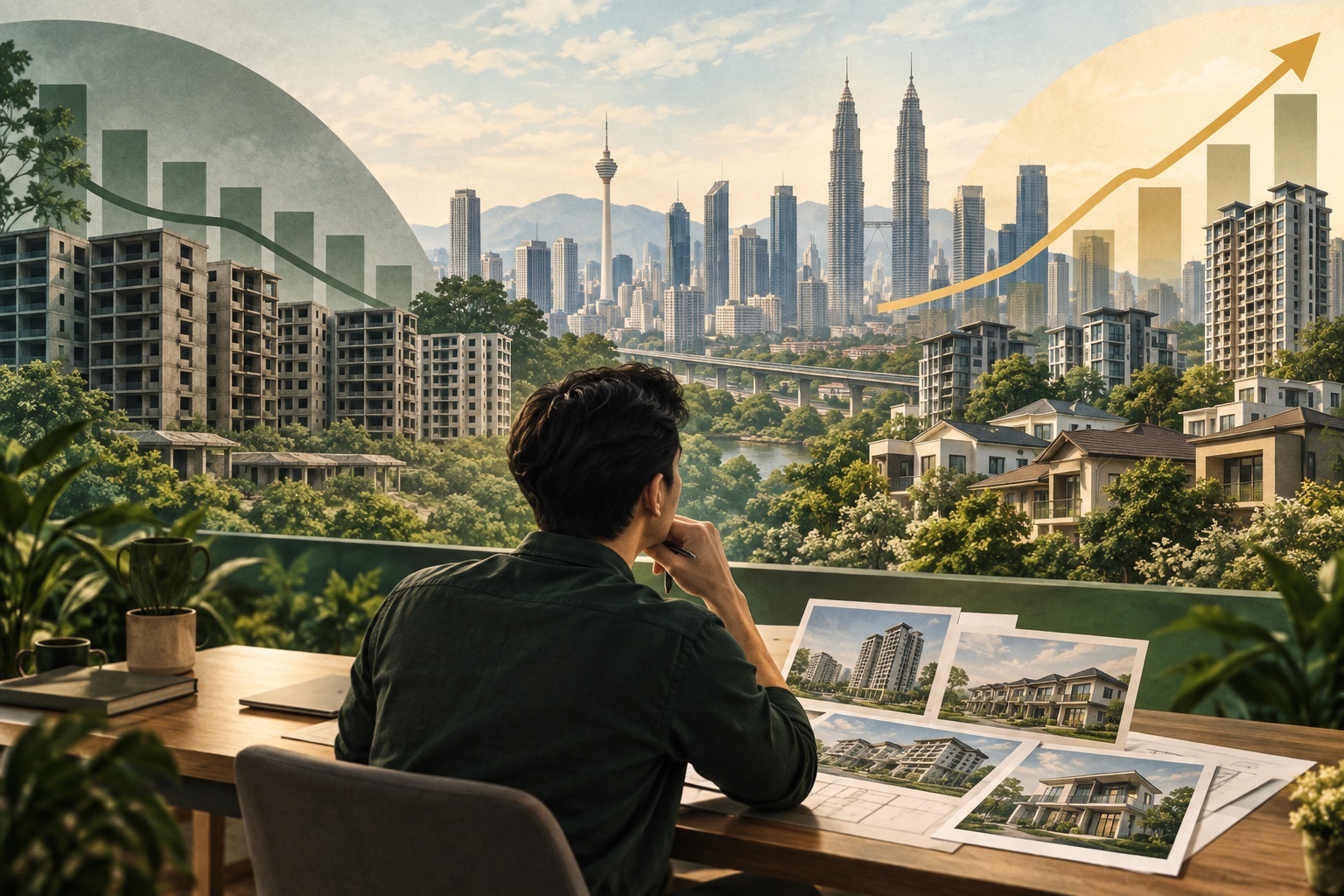 Editorial illustration of a Malaysian homebuyer comparing different homes against diverging market trends