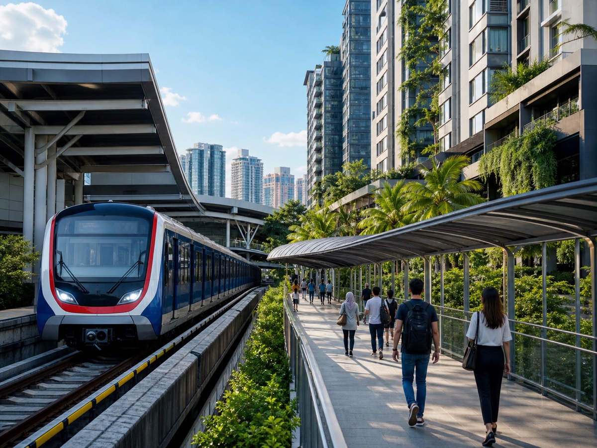 Editorial illustration of homes connected to MRT and LRT by a covered walkway