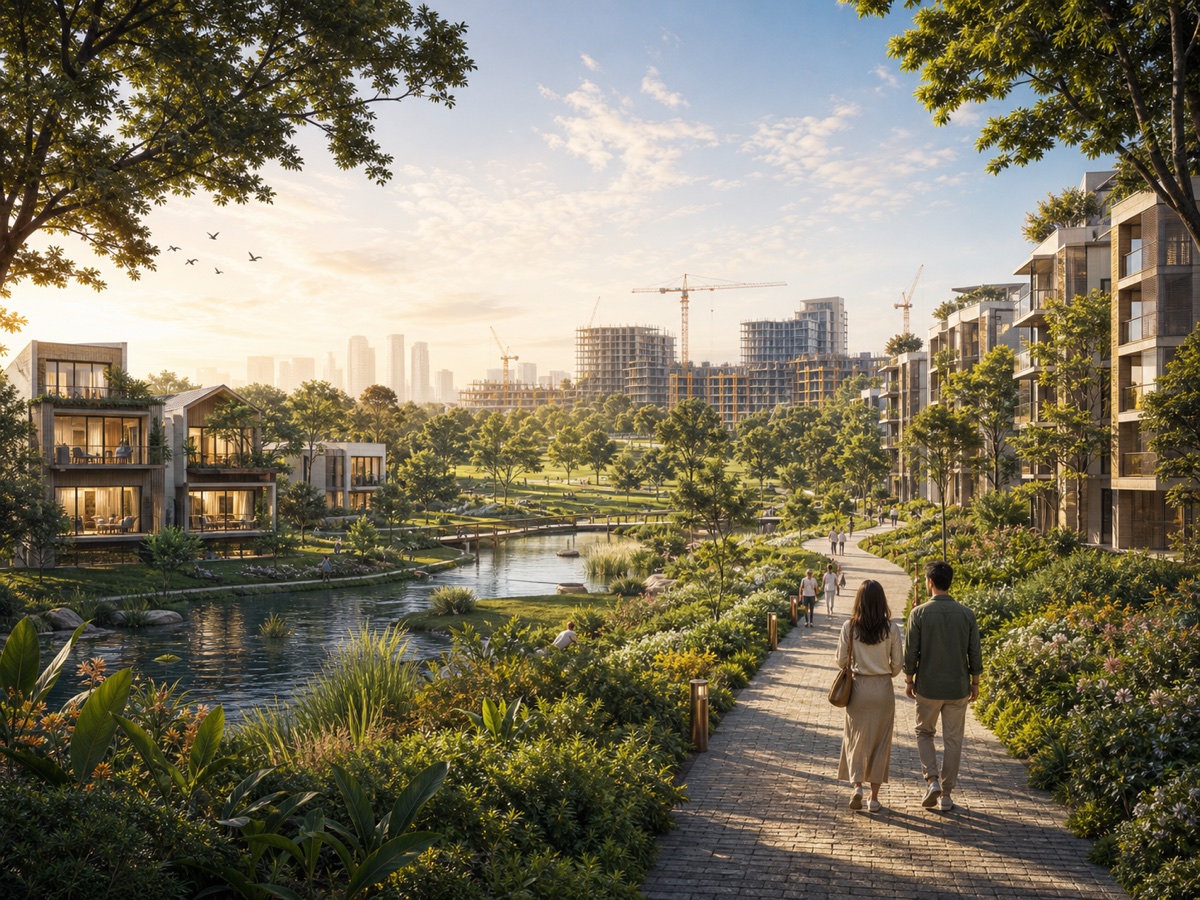 Editorial illustration of an emerging green park-city township