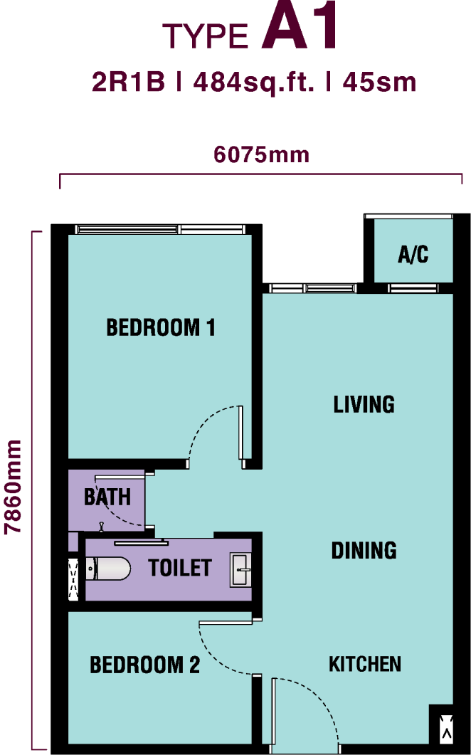 Hanaz Type A1 developer layout, 484 sq ft, 2 rooms and 1 bathroom