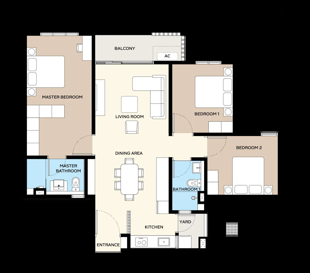 Ara Bloc Residences Type B — 961 sq ft + 11 sq ft AC ledge floor plan
