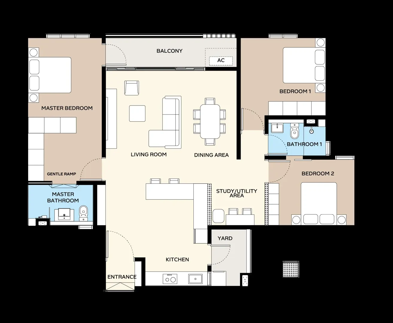 Ara Bloc Residences Type C — 1,238 sq ft + 11 sq ft AC ledge floor plan