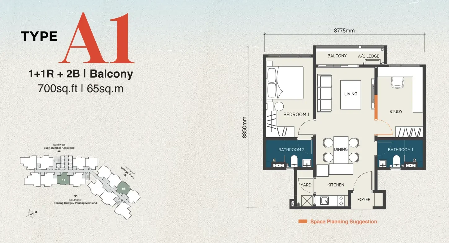 Lighthauz Phase 2 Type A1 — 700 sq ft floor plan