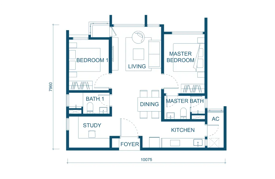 Aricia Residences Type B1 757 sq ft floor plan