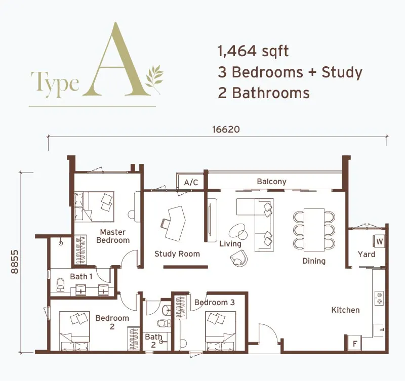 Senna Heights Type A 1,464 sq ft three-bedroom-plus-study floor plan