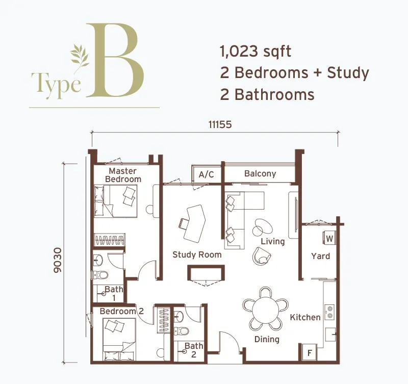 Senna Heights Type B 1,023 sq ft two-bedroom-plus-study floor plan
