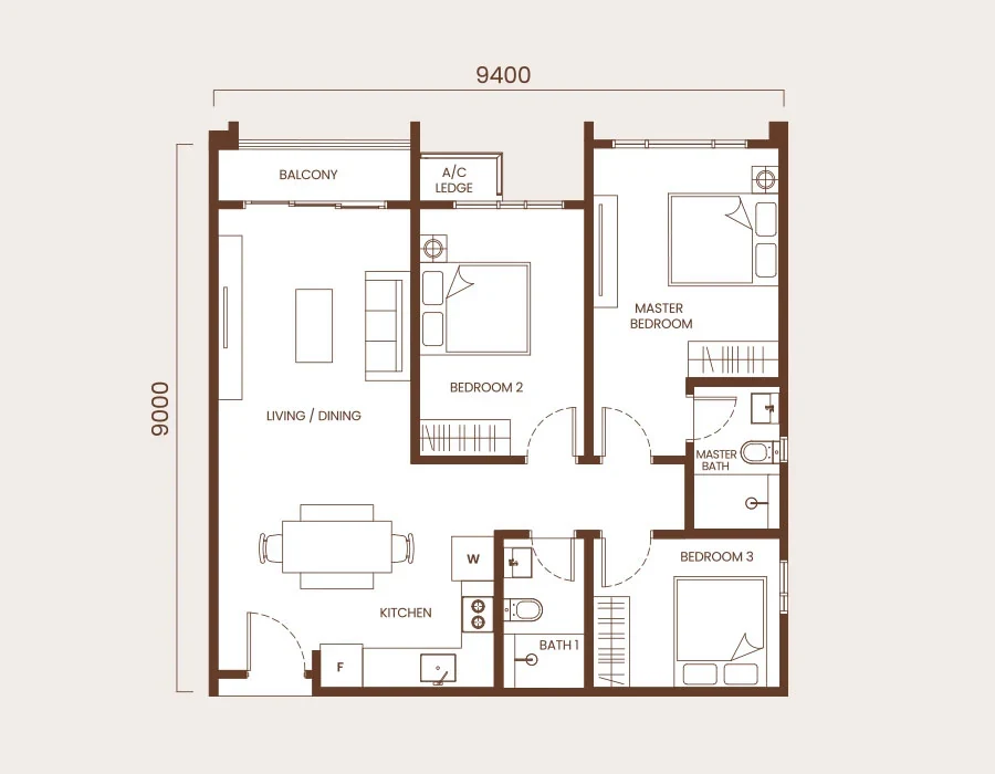 AndaBreeze Residences 894 sq ft layout floor plan