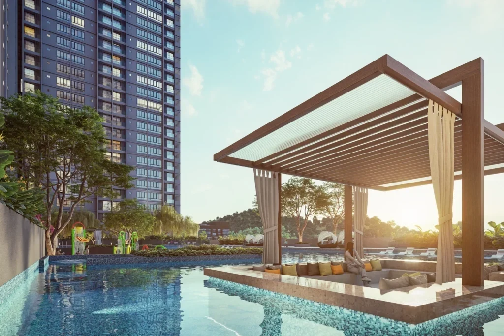 Calia Residences poolside seating - marketing illustration