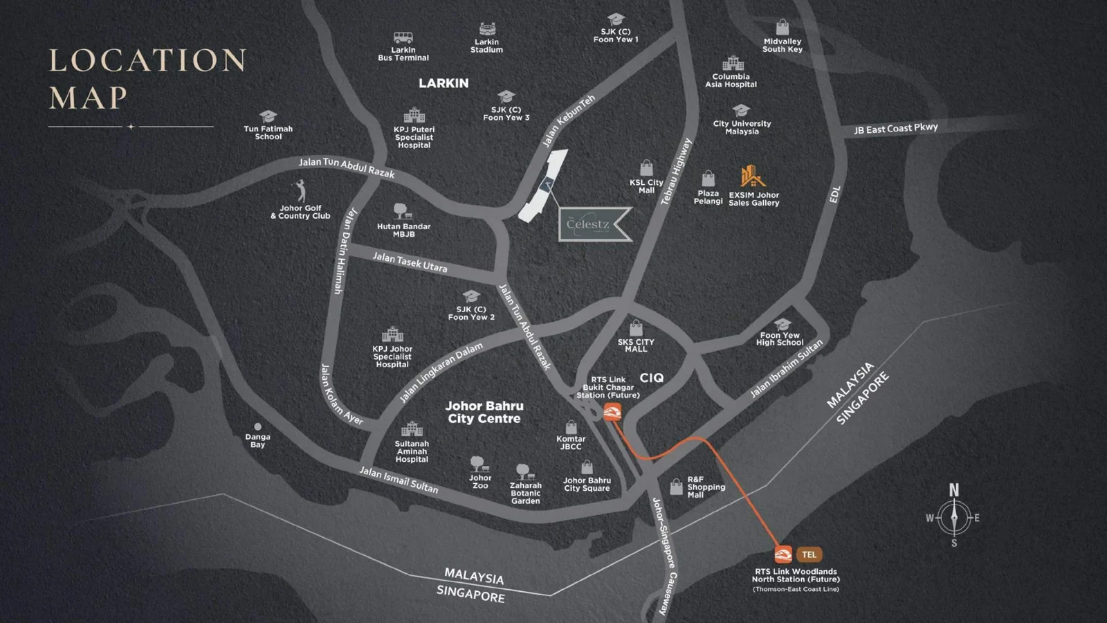 The Celestz location overview; route and scale indicative