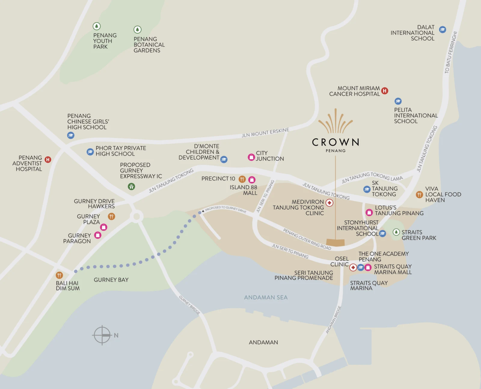 The Crown Penang location overview; route and scale indicative
