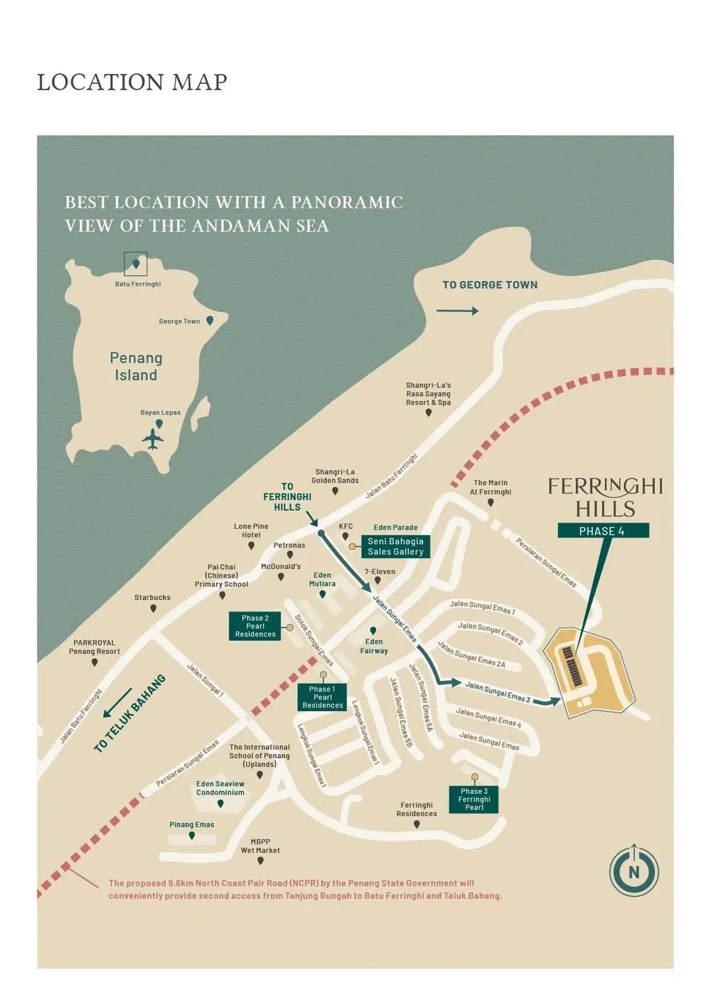 Ferringhi Hills location overview; route and scale indicative