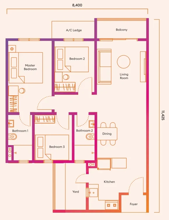 Iconic Harmony 900 sq ft layout floor plan