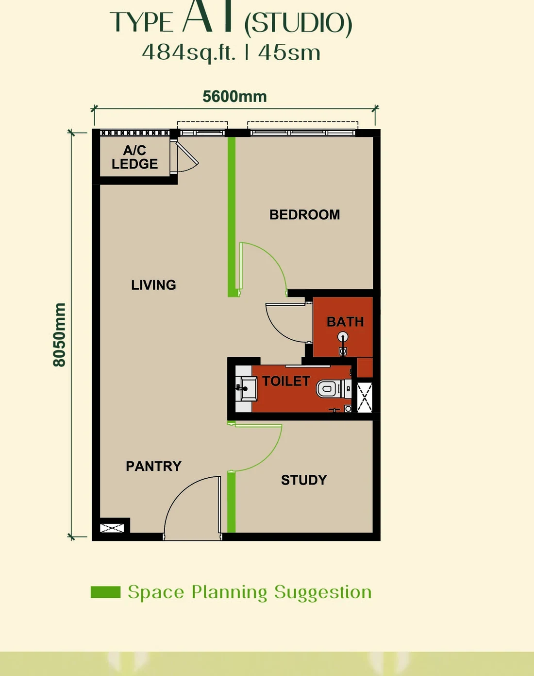 Keeperz Suites Type A1 studio floor plan