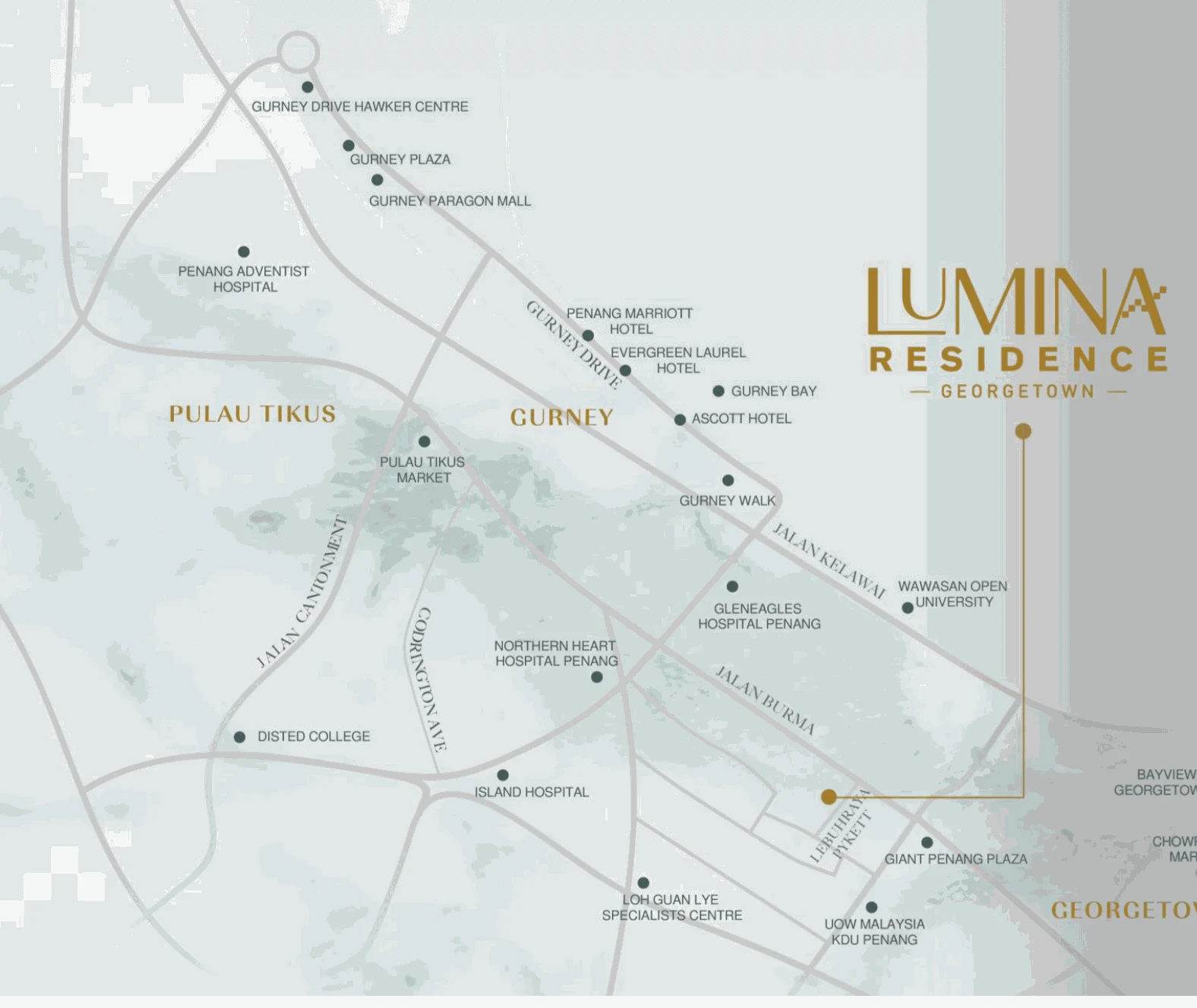 Lumina Residence location overview; route and scale indicative