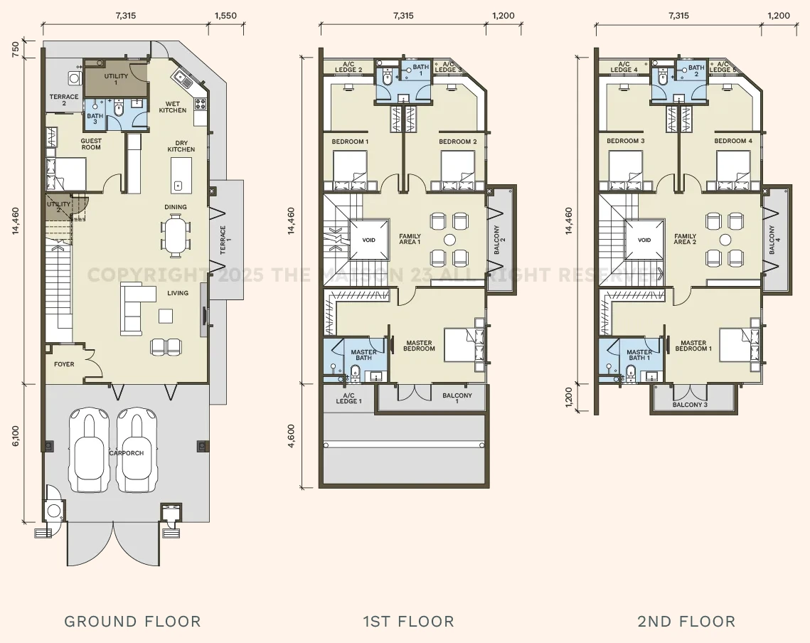 Maison 23 Type A three-level floor plan