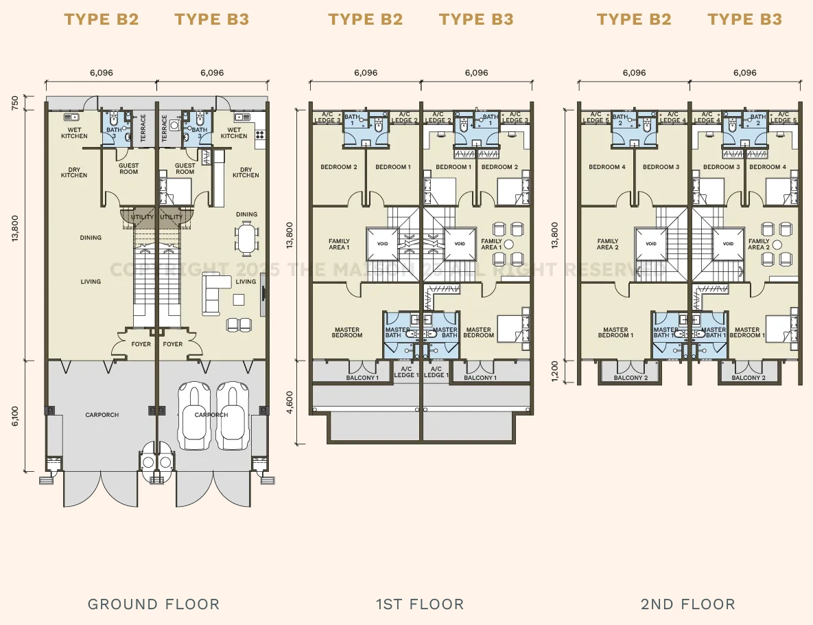 Maison 23 Type B2 and B3 three-level floor plans