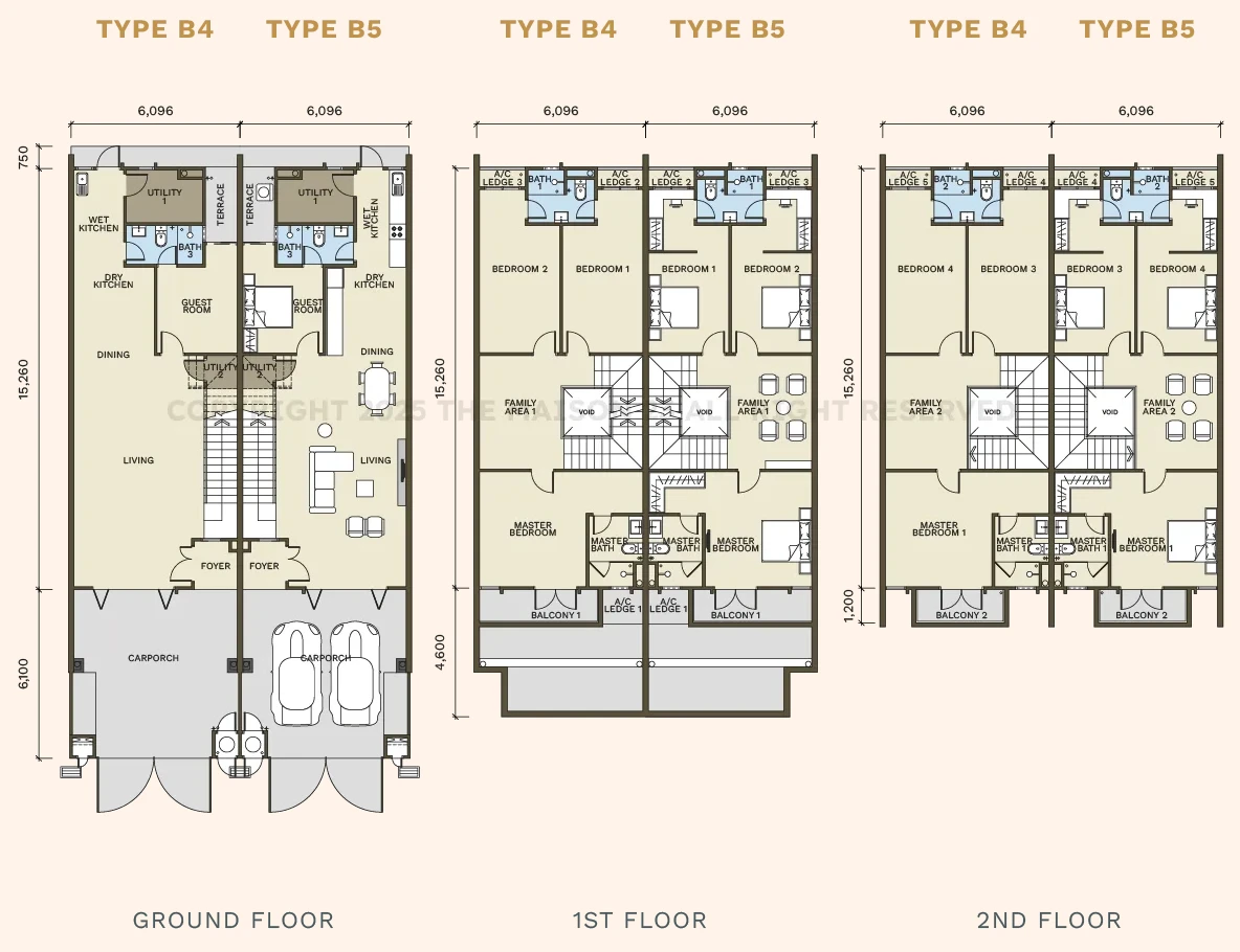 Maison 23 Type B4 and B5 three-level floor plans