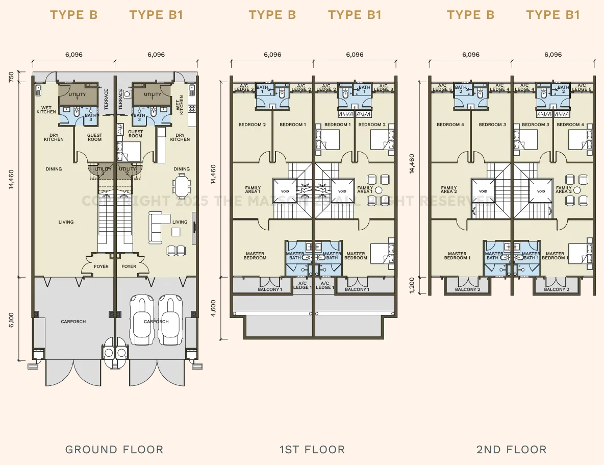 Maison 23 Type B and B1 three-level floor plans