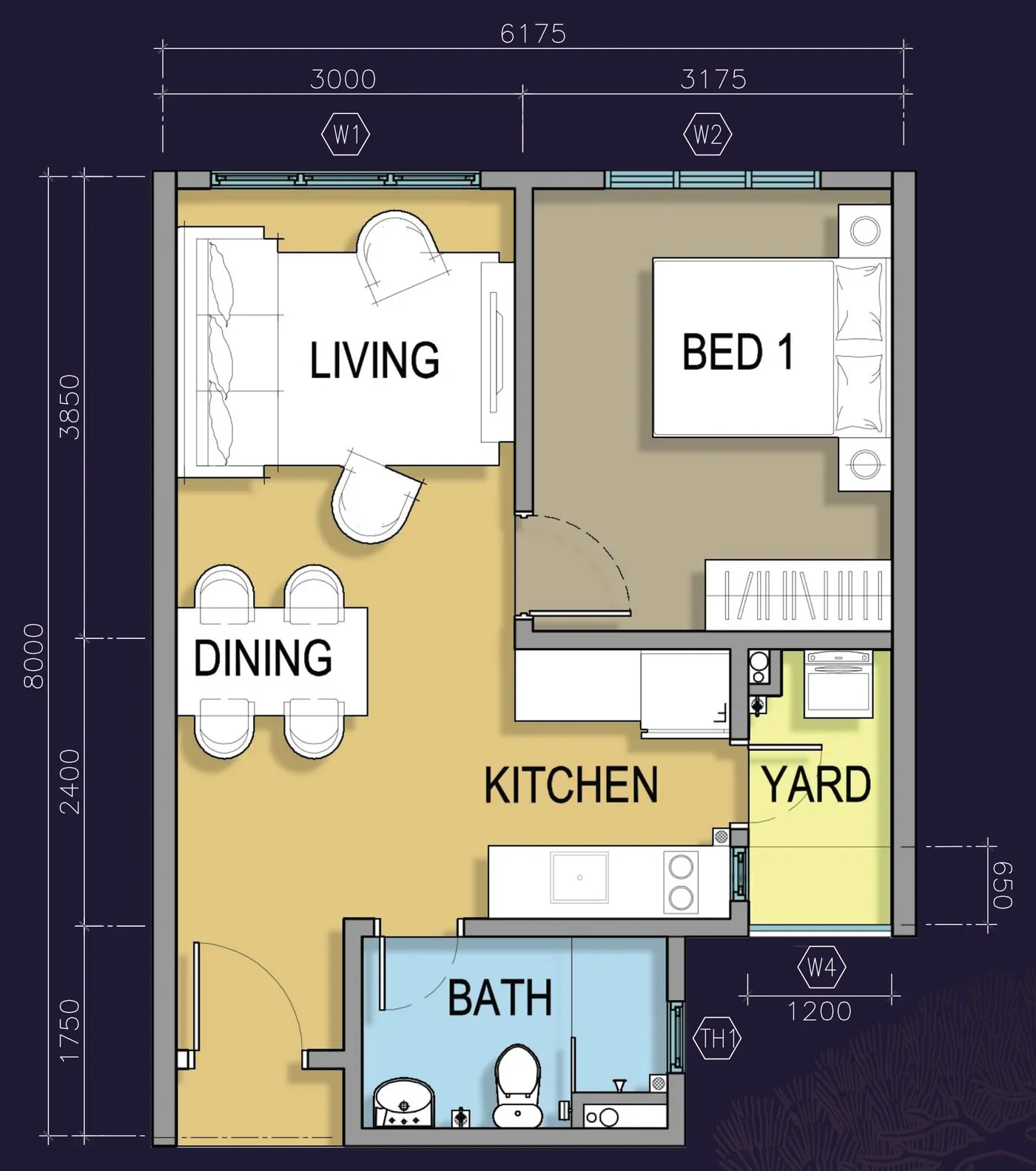 M Grand Minori Type B, 1 Bedroom floor plan