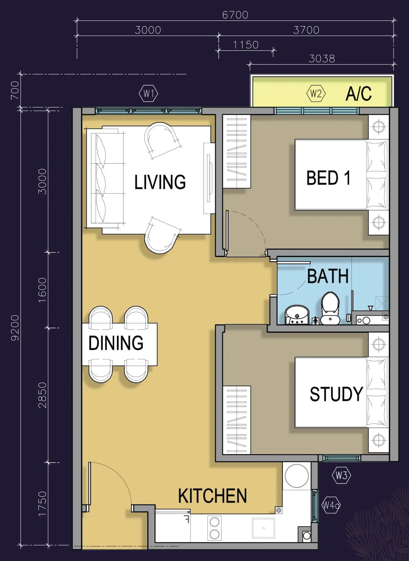 M Grand Minori Type D / D1, 1+1 Bedroom floor plan