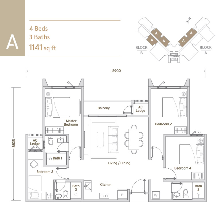 Papyrus North Kiara Type A 1,141 sq ft floor plan
