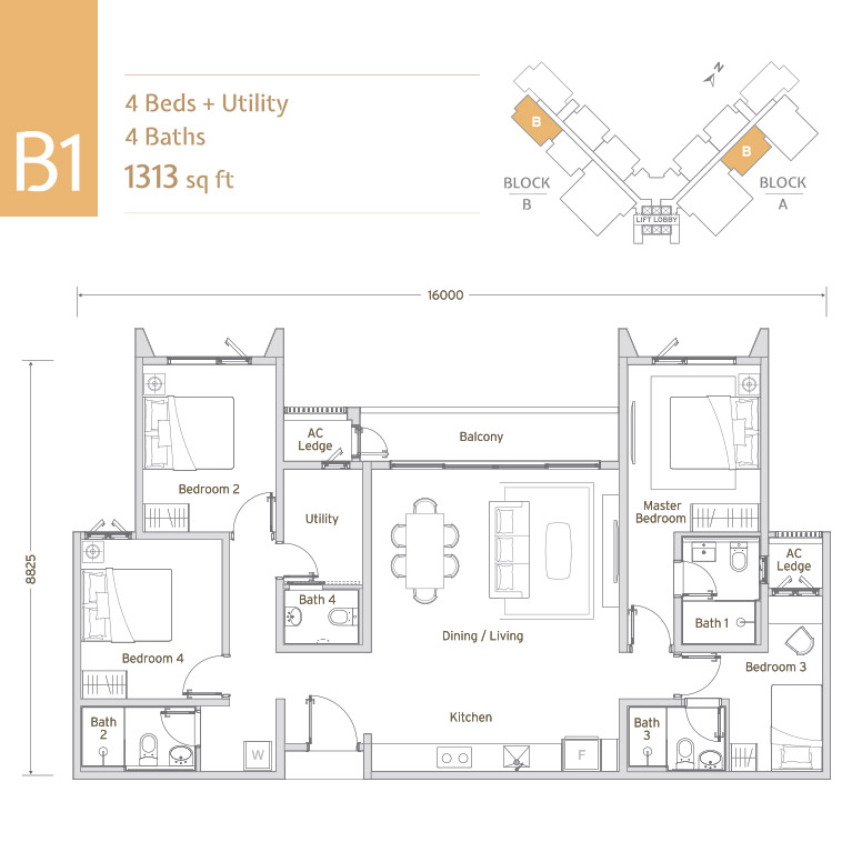 Papyrus North Kiara Type B1 1,313 sq ft floor plan