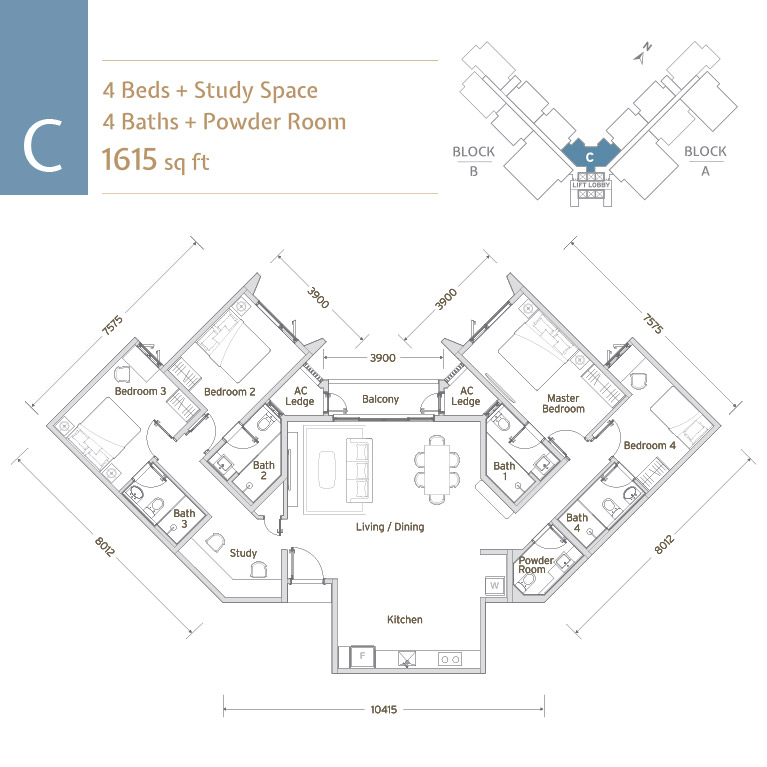 Papyrus North Kiara Type C 1,615 sq ft floor plan