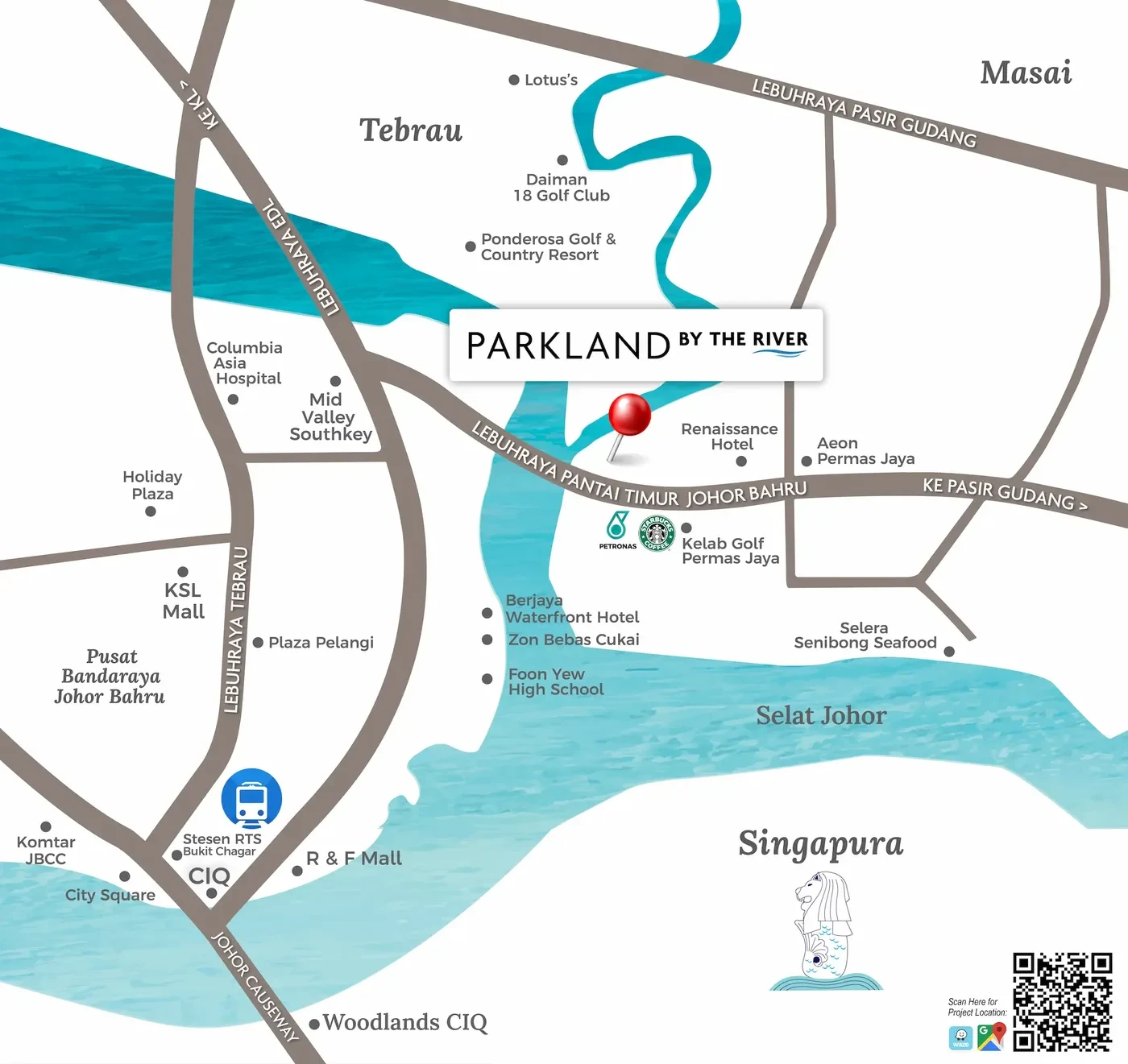Parkland by the River location overview; route and scale indicative