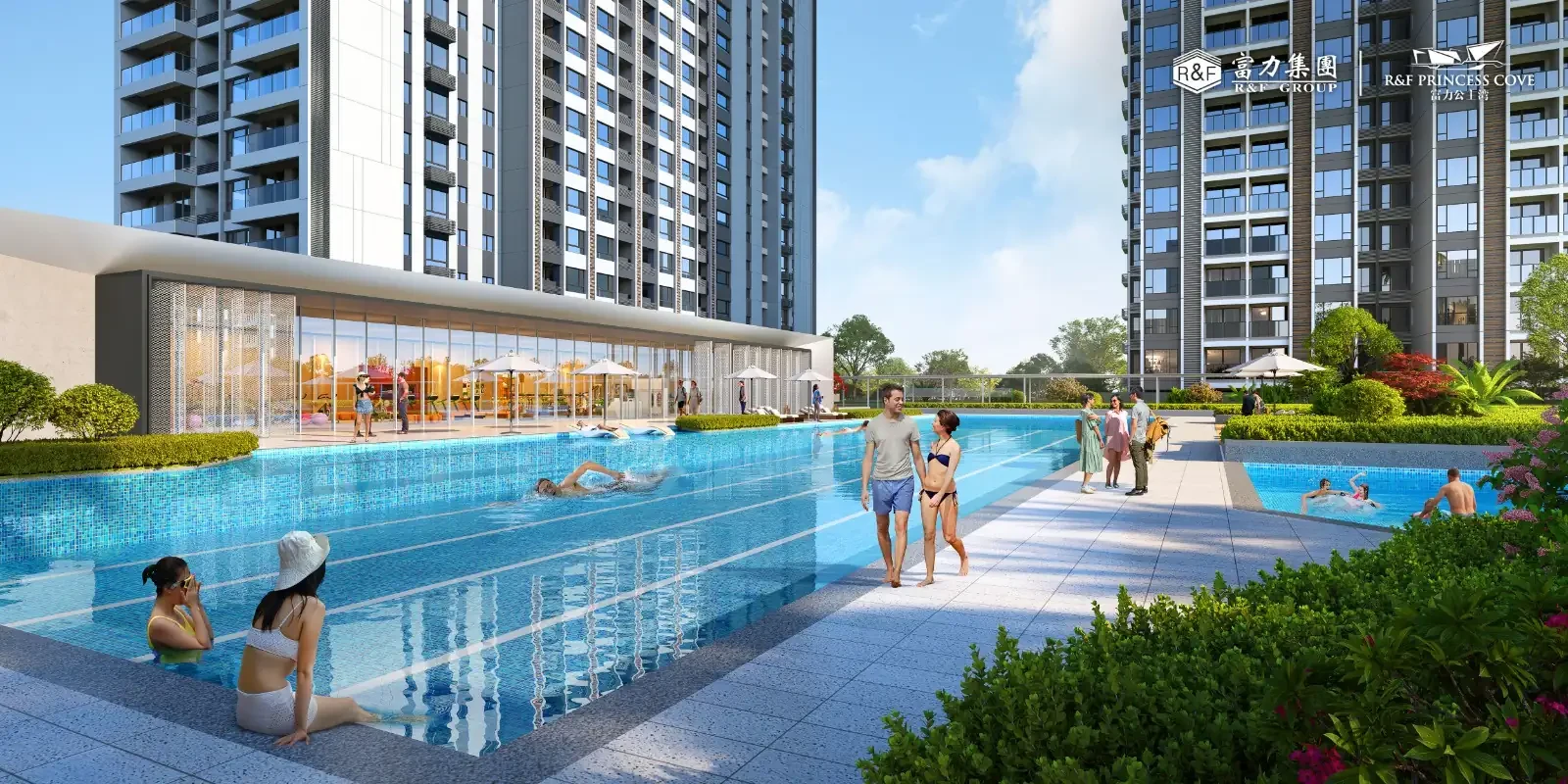 R&F Princess Cove Phase 3 pool and residential courtyard - marketing illustration