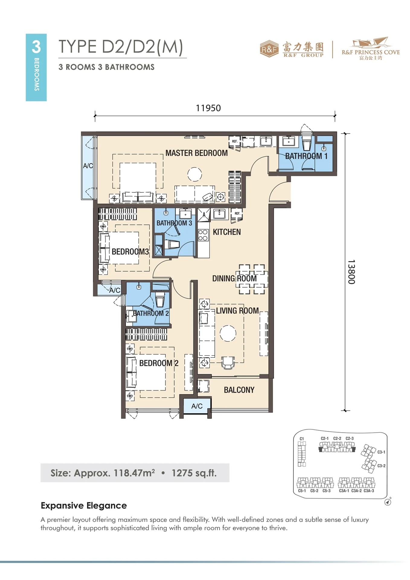 R&F Princess Cove Phase 3 Type D2 / D2(M) Dual Key floor plan